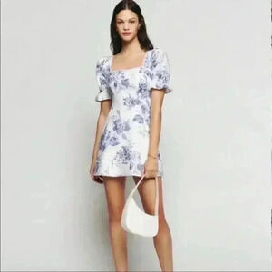 NWOT Evianna Linen Dress in Lupine White Blue Flora Mini Short Sleeves Back Tie